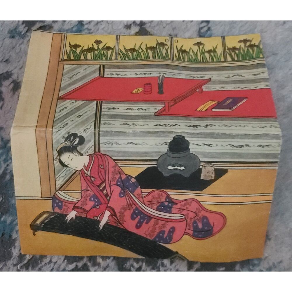 A Girl Beauty Playing the Koto‎ Zither Vintage Japanese Wagami Rice Paper Wallet